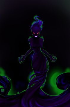 a drawing of a woman in purple and green with an evil look on her face