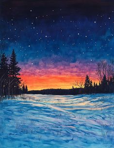 a painting of a snow covered field with trees and stars in the sky above it