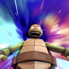 an animated turtle is in the middle of a colorful light tunnel with his arms outstretched