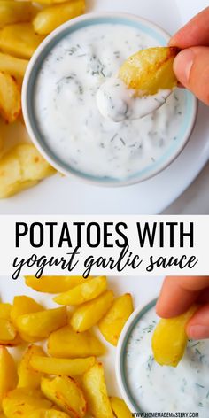 potatoes with yogurt garlic sauce in a bowl and on a plate next to it