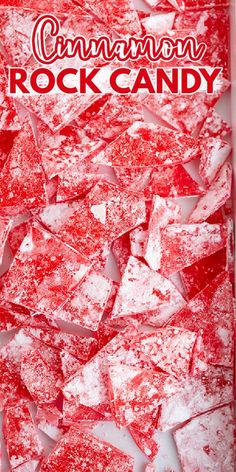 red crushed rock candy with the words cinnamon rock candy on it's front cover