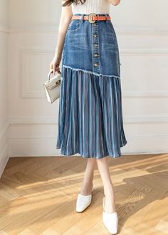 Womens Denim Skirts, Moda Denim, Clothes Korean Style, Waist Sash, Modern Blue, Denim Skirts, Denim Midi Skirt, Jeans Rock