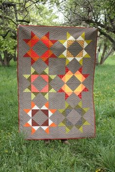 a quilt hanging from the side of a tree in a field with grass and trees