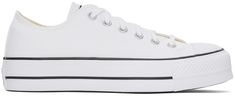 Low-top canvas sneakers in white. · Rubber cap toe · Lace-up closure · Logo patch at padded tongue · Padded collar · Eyelets at inner side · Rubberized logo patch at heel counter · Padded footbed · Mesh lining · Treaded platform rubber sole · Platform: H1.5 Supplier color: White/Black/White Casual Low-top Canvas Shoes With Logo Patch, Casual Cotton Canvas Shoes With Logo Patch, White Low-top Canvas Shoes With Logo Patch, Low-top Cotton Canvas Shoes With Logo Patch, White Cotton Canvas Shoes With Embroidered Logo, White Canvas Shoes With Rubber Toe Cap For Streetwear, White Converse Sneakers With Logo Patch, White Canvas Sneakers With Logo Patch, White Cotton Canvas Shoes With Vulcanized Sole