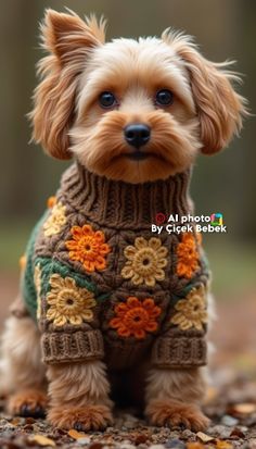 a small brown dog wearing a sweater with flowers on it's chest and eyes