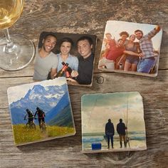 four coasters with pictures of people on them and a glass of wine in the background