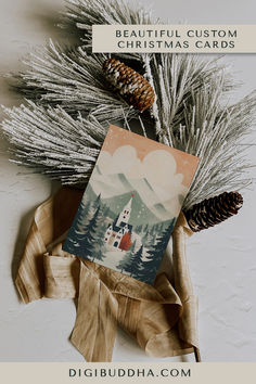 Digibuddha winter valley folk art 2D country rustic mountains landscape scene with a lovely little Christian church, gorgeous folded custom bifold Christmas holiday cards personalized with your customized family name and photo picture and message, perfect for 2023 Christmas cards or 2024 Christmas cards or even 2025 Christmas cards and 2026 Christmas cards.