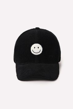 Black smiley face hat Trendy Winter Baseball Cap, Trendy Winter Baseball Cap With Curved Brim, Fun Black Cotton Baseball Cap, Trendy Fall Snapback Baseball Cap, Trendy Winter Streetwear Baseball Cap, Cute Black Baseball Cap With Curved Brim, Cute Black Snapback Baseball Cap, Casual Smiley Face Snapback Baseball Cap, Adjustable Cotton Hat With Smiley Face