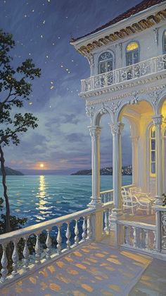 a painting of a balcony overlooking the ocean at night