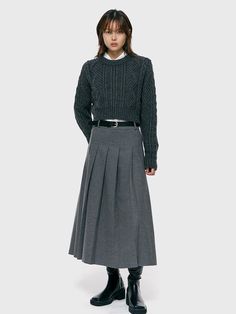 The classic mood pleated skirt that made of wool blended fabric. Featuring the pleated design throughout, voluminous silhouette that create feminine mood, and maxi length. Style with sweater, shirts, and boots to create stylish outfits. - Pleated detail throughout the skirt- Voluminous silhouette and maxi length- Belt loops and side zipper closure detail- Wool blended material in basic colorway- Daily and wearable item in FW seasons Long Grey Pleated Skirt Outfit, Grey Skirt Outfit Winter, Grey Long Skirt Outfit, Gray Pleated Skirt Outfit, Gray Skirt Outfit Winter, Grey Pleated Skirt Outfit, Grey Maxi Skirt Outfit, Long Pleated Skirt Outfit, Seoul Winter