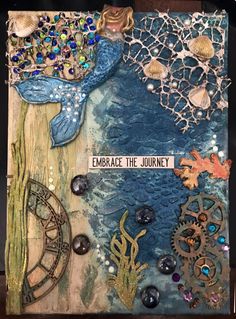 an art journal with sea creatures and words on the page, emblaace the journey