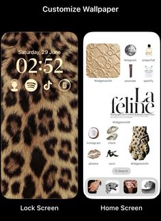 two iphone screens showing the same wallpapers as well as an animal print pattern