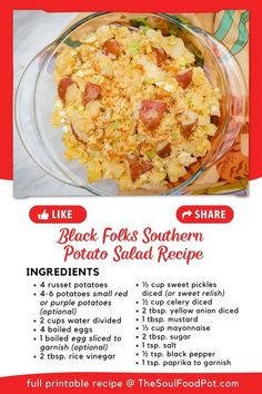 Black folks Southern potato salad recipe is a must-have for any African American cookout, family reunion, picnic, or potluck! It’s a creamy yet tangy dressing balanced by soul food seasonings and flavors. AKA Black cookout potato salad! Most Southerners have their family recipe for potato salad, and there are different versions of it all over the South.

This is my mom’s recipe that calls for main ingredients russet potatoes, hard-boiled eggs, sweet pickles, sweet onion, and celery. Southern Comfort Recipes Meals, Cookout Food Ideas Black People, Old School Soul Food Recipes, Southern Sides Soul Food, Black Folks Recipes, Easy Soul Food Recipes, Soul Food Thanksgiving Menu Ideas, Juneteenth Food Ideas, Southern Summer Recipes