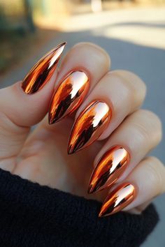 Fall Chrome Nails, Chrome Nail Colors, Winter Nail Art Designs, Art Expressions, Orange Nail Designs, Wine Nails, Thanksgiving Nail, Long Stiletto Nails, Pretty Nail Polish