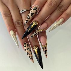 Nails In Gold, Gold Leopard Nails, Gold Stiletto Nails, Ballerina Acrylic Nails, Leopard Nail Designs, Leopard Nail Art, Queen Of The Jungle, Cheetah Print Nails, Nail Work