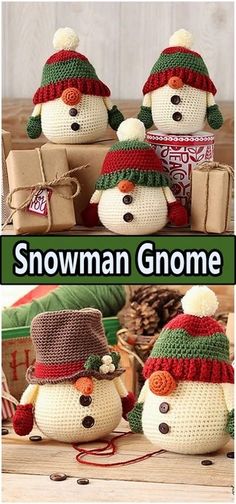 crocheted snowman gnomes are sitting next to each other