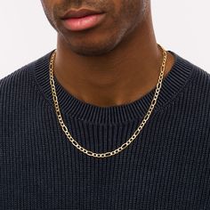 Your chic look isn't complete without this always on-trend hollow 14K gold figaro chain necklace for men. Crafted in hollow 14K gold This 5.8mm-wide figaro chain features oval-shaped links alternating with trios of smaller links. Great worn alone or layered with your other favorite chains or necklaces The 22.0-inch necklace secures with a lobster claw clasp. Formal Cuban Link Necklace With Figaro Chain, Formal 14k Gold Cuban Link Necklace With Figaro Chain, Classic Formal Cuban Link Necklace With Figaro Chain, Figaro Chain Men, Gold Figaro Chain, Chain Necklace For Men, Figaro Chain Necklace, Peoples Jewellers, Figaro Chains