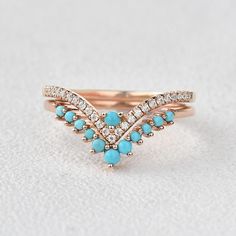 Turquoise Stone Wedding Ring, Tourquise Wedding Rings, Gold And Turquoise Wedding Band, Engagement Ring With Turquoise, Turquoise Wedding Ring Set, Rose Gold Bridesmaid Jewelry, Turquoise Wedding Ring, Gold Chevron Ring, Turquoise Diamond Rings