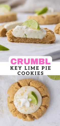 key lime pie cookies on a white plate with text overlay that reads crumbl key lime pie cookies