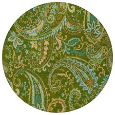 a green and blue rug with paisley designs