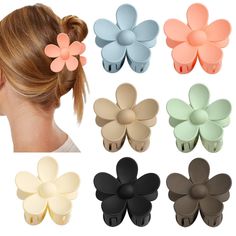 PRICES MAY VARY. 🌸UNIQUE STYLE: These flower claw clips are not only cute and stylish, but they also draw attention to your unique hairstyle. Available in seven colors (pink, light green, light blue, khaki, light gray, black, and white), they provide a variety of options for your daily wear. 🌸HIGH QUALITY: Our claw clips for thick hair are made with high-quality ABS material, which is durable and not easily breakable. You don't have to worry about them cracking during use, and these flower cla Pink Flower Hair Clip, Flower Claw Clip, Pink Flower Hair, Floral Hair Clip, Hair Clamps, Hair Accessories Clips, Flower Hair Accessories, Claw Clips, Unique Hairstyles