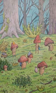 children's drawing of mushrooms in the woods