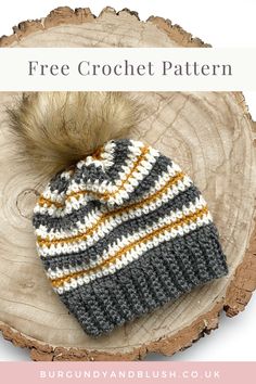 a crochet hat with a pom - pom on top and text overlay that says free crochet pattern