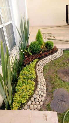 a small garden with rocks and plants in the front yard, next to a house