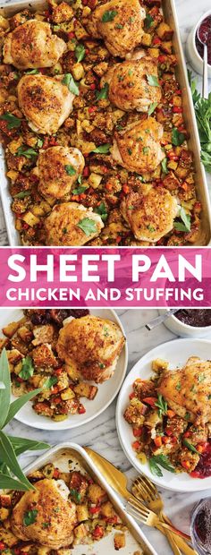 sheet pan chicken and stuffing is shown in this recipe