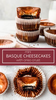 mini cheesecakes with oreo crust in paper cups on a white countertop