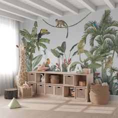 a children's room decorated with jungle wallpaper