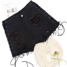 Black, Distressed Jean Shorts With Front And Back Pockets And Adjustable Lace Up Detail Down The Sides. New In Bag (Sold As A 5x But I’d Say Fits More Like A 3x) Alt Style Outfit, Lace Bell Sleeve Dress, Plus Size Denim, Girls Shorts, Classy Casual Outfits, Ruched Bodycon Dress, Classy Casual, Distressed Jean Shorts, Plus Size Shorts