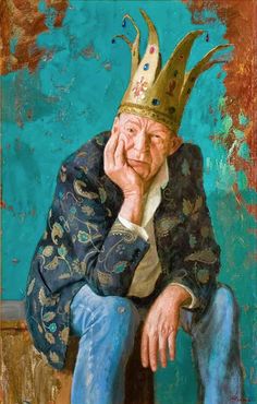 an old man with a crown on his head sitting in front of a blue wall