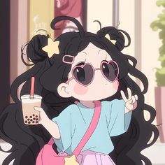 a girl with glasses holding a drink in her hand