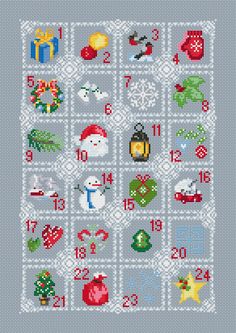 a cross stitch pattern with christmas items and numbers on the front, as well as an ornament