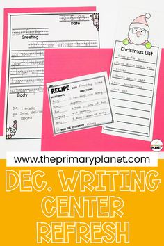 christmas writing center with santa clause on it and the text, december writing center refresh