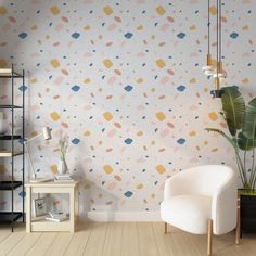 Modern & Multicolor Terrazzo Pattern Wallpaper | EazzyWalls Clean White Background, Stylish Wallpaper, Soft Color Palette, Full Of Energy, Pink Blue Yellow, Watercolor Wallpaper, Burst Of Color, New Caledonia, Commercial Interiors