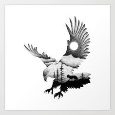 a black and white drawing of an eagle flying through the air with trees on it