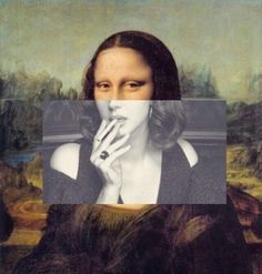 a woman holding her hand to her mouth in front of an image of the monaine