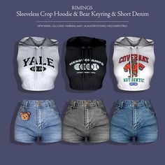 four women's shorts with hoodies on them, all in different colors and sizes