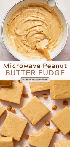 peanut butter fudge in a white bowl with peanuts on the side