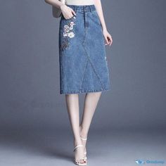 Orcajump - Embroidered Denim Skirt with Side Split - A Stylish and Chic Addition to Your Wardrobe Embroidered Denim Skirt, Embroidered Denim, Side Split, Denim Skirt, Split, Skirt, Wardrobe, Blue, Clothes