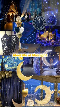 a collage of photos with blue and gold decorations, balloons, and other items