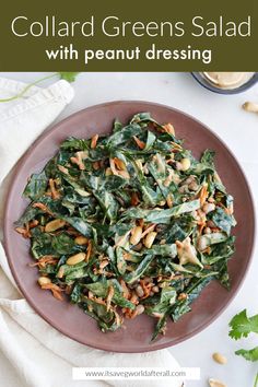 collard greens salad with peanut dressing on a pink plate next to a white napkin