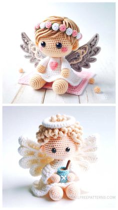 crocheted angel doll sitting on top of a wooden table next to another photo