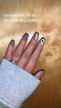 Nashville Nails French, Western Nails Matte, Cute Fall Cow Print Nails, Luke Bryan Concert Nails, Koe Wetzel Concert Nails, Winter Cow Print Nails, Black And Brown Cow Print Nails, Western Punchy Nail Ideas, Fall Cowprint Nails