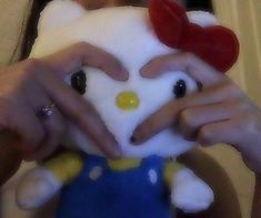 a person holding a hello kitty doll in their hands