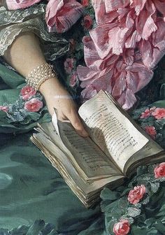 a painting of a woman holding an open book with pink flowers in the back ground