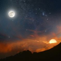 the moon and stars are visible in the night sky with clouds, mountains and trees