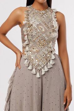 Grey georgette bandhani bustier with embroidered yoke. Comes with Mukaish georgette frill sharara. - Aza Fashions Bohemian Sharara With Intricate Embroidery For Party, Bohemian Sharara For Reception With Intricate Embroidery, Bohemian Embroidered Sharara For Parties, Bohemian Party Sharara With Intricate Embroidery, Bohemian Embellished Wedding Sets, Bohemian Sequin Sharara For Party, Bohemian Sequined Choli For Reception, Bohemian Sequined Party Sharara, Bohemian Sequin Sets For Reception